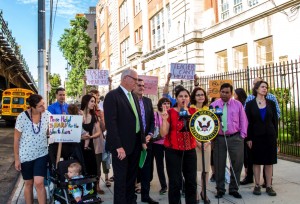Congressman Joe Crowley was joined by parents to call for soundproof schools outside of PS 85 in Astoria.